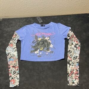 Ed Hardy Top Womens Tattoo Sheer Mesh Long Sleeve Crop Y2K Jaguar